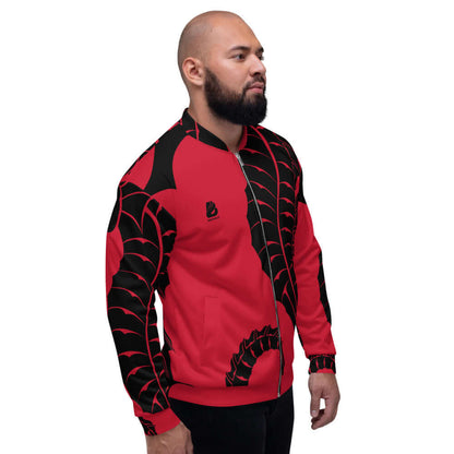 Unisex Bomberjacke N°0 in red and black with unique print, front view on male model, showcasing versatile fashion style.