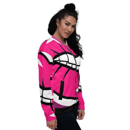 Unisex Bomberjacke N°2 in vibrant pink with a graphic print, featuring a model demonstrating the versatile and stylish design.