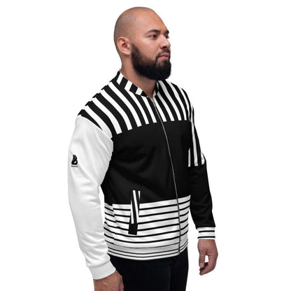 Model wearing Unisex Bomberjacke N°3, black and white striped design, perfect for any outfit with fleece lining and loose fit.