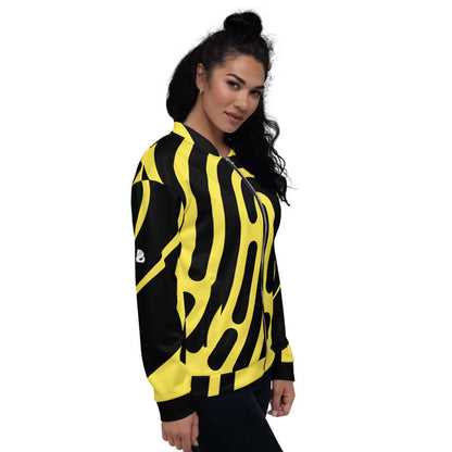 Model wearing Unisex Bomberjacke N°5 in bold yellow and black pattern with fleece inside and relaxed fit.