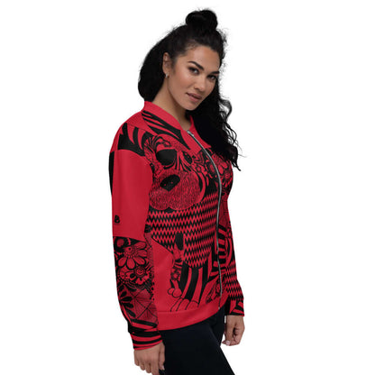 Unisex Bomberjacke N°6 in vibrant red with bold patterns, featuring a relaxed fit and brushed fleece interior for stylish comfort.