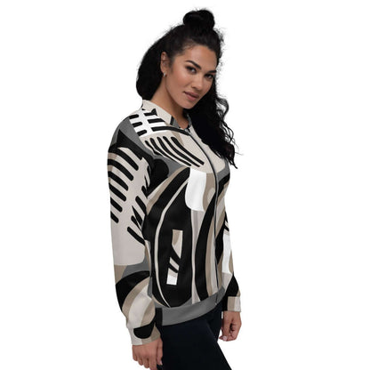 Woman wearing Unisex Bomberjacke N°8 with abstract design, full view showing the unique pattern of the jacket.