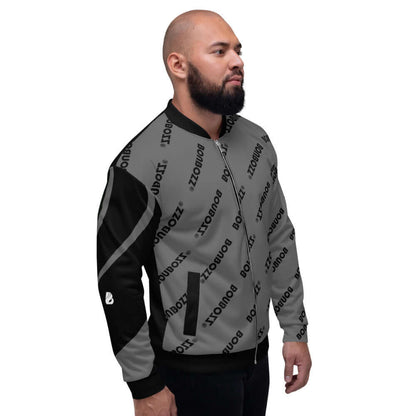 Unisex Bomberjacke N°9 modeled on man, side view, displaying unique pattern and comfortable fit for versatile fashion.