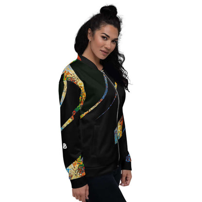 Unisex Bomberjacke N°12 with vibrant print and relaxed fit, modeled by a person.