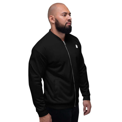 Unisex Bomberjacke N°15 in black, worn by a model, highlighting its stylish design and versatile fit for everyday wear.