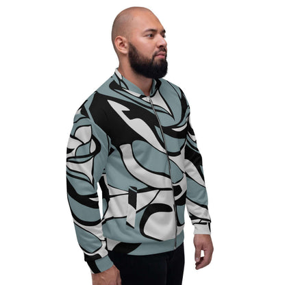 Man wearing Unisex Bomberjacke N°18 with abstract black and white design, showcasing modern fashion and versatile style.
