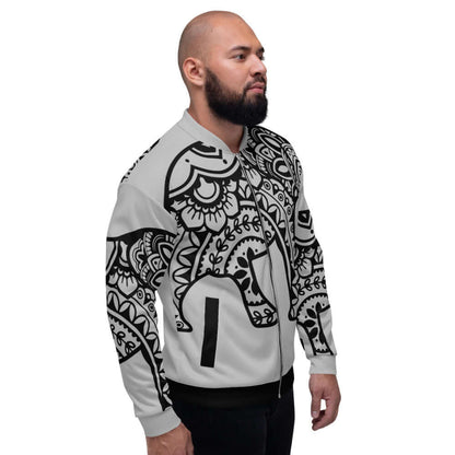Model wearing Unisex Bomberjacke N°25 with bold black and white patterns, showcasing stylish design and comfortable unisex fit.