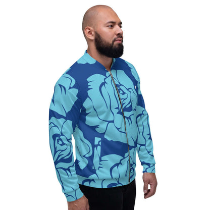 Person wearing Unisex Bomberjacke N°26 with blue floral design, showcasing the stylish all-over print and comfortable fit.