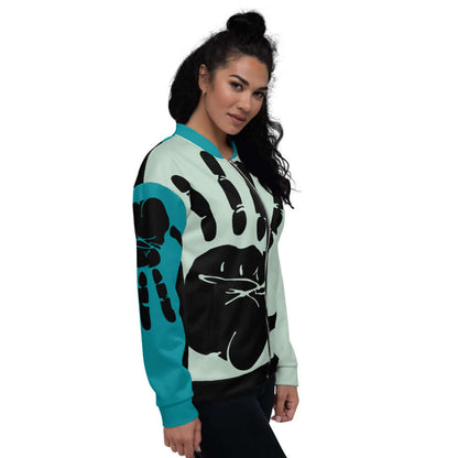 Model wearing Unisex Bomberjacke N°27 with a bold design print and a casual, stylish look.