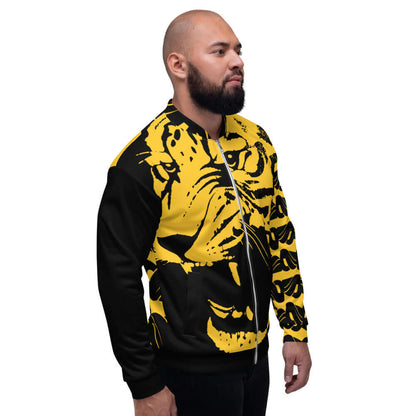 Model wearing Unisex Bomberjacke N°28 with tiger print design, black and yellow color scheme.
