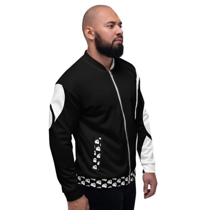 Model wearing Unisex Bomberjacke N°30 in black with white accents, displaying front view of the stylish jacket.