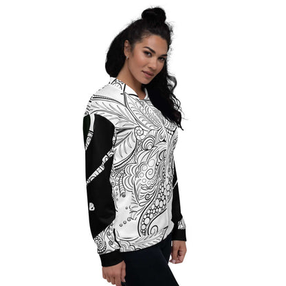 Model wearing Unisex Bomberjacke N°33 with intricate black and white pattern, showcasing relaxed fit and versatile style.