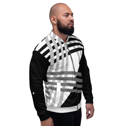 Man wearing Unisex Bomberjacke N°37 with black and white geometric design, showcasing stylish and versatile outerwear.
