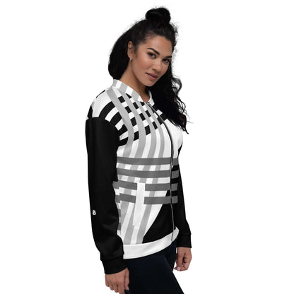 Woman wearing Unisex Bomberjacke N°37 with black and white geometric design, showcasing versatile fashion style