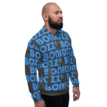 Model wearing blue patterned Unisex Bomberjacke N°43 with unique design and black sleeves, showcasing versatile styling for any outfit.