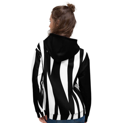 Model wearing Unisex-Kapuzenpullover N°4, black and white pattern, rear view.