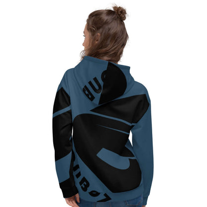 Unisex-Kapuzenpullover N°5 in blau-schwarzem Design, gezeigt von hinten, perfekte Wahl für Komfort mit weichem gebürstetem Vlies.