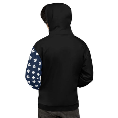 Back view of Unisex-Kapuzenpullover N°7 with patterned sleeves and soft fabric.