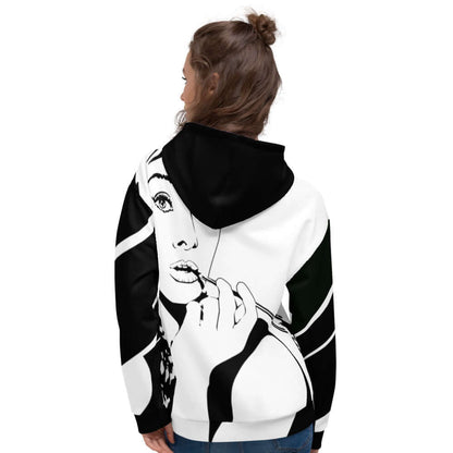 Person wearing Unisex-Kapuzenpullover N°8 with artistic graphic print, soft exterior, and cozy feel, ideal for cool evenings.