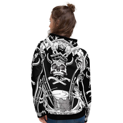 Unisex-Kapuzenpullover N°9 with bold skull design on back, perfect for casual wear and cozy evenings, made of soft polyester-cotton blend.