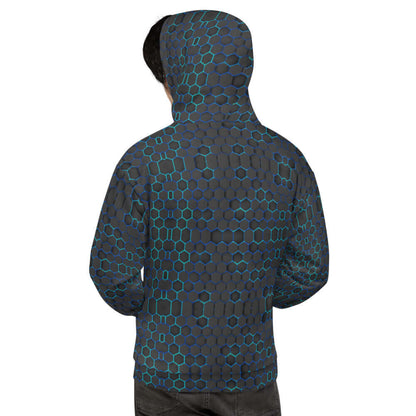 Back view of Unisex-Kapuzenpullover N°12 in hexagon design pattern.