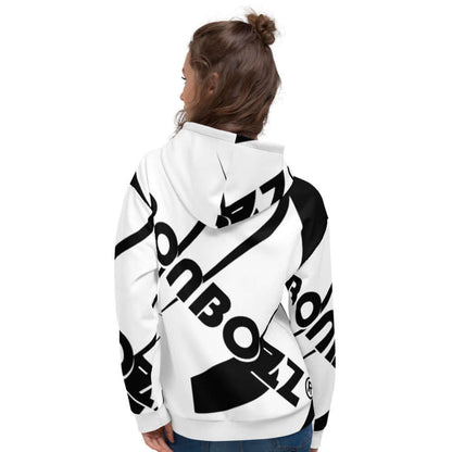 Back view of Unisex-Kapuzenpullover N°13 featuring bold black and white print, worn by a person with hands in pockets.