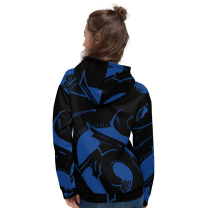 Unisex-Kapuzenpullover N°14 with vibrant blue print, soft interior fleece, perfect for cool evenings, 70% polyester, 27% cotton blend.