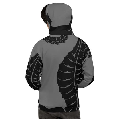 Person wearing Unisex-Kapuzenpullover N°15 with vibrant print, showcasing comfortable, soft fabric.