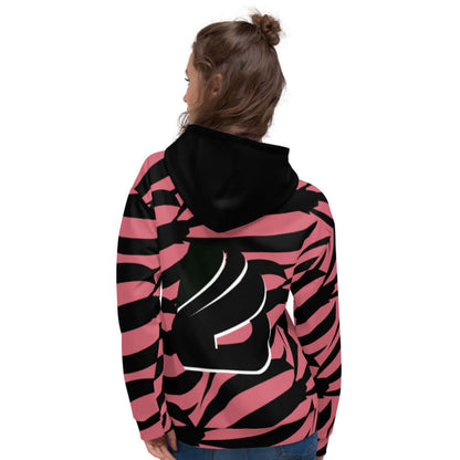 Unisex-Kapuzenpullover N°17 with vibrant pink and black print, featuring soft brushed fleece interior, modeled from the back view.