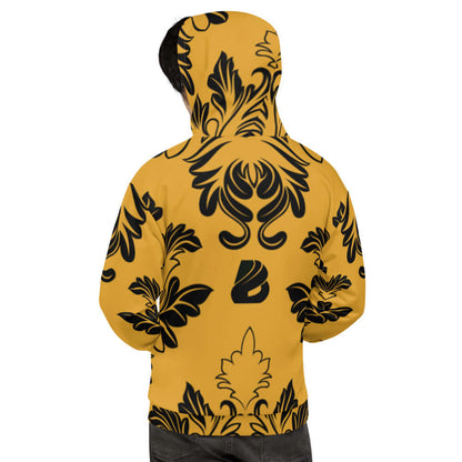 Person wearing Unisex-Kapuzenpullover N°18 with a vibrant pattern and soft fleece, perfect for cool evenings.