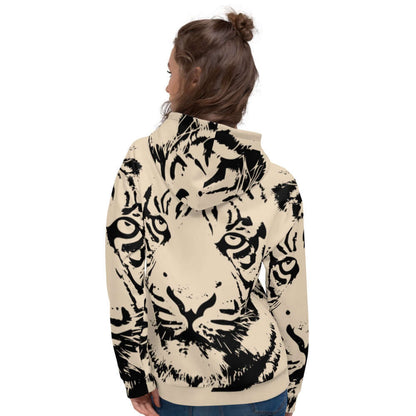 Person wearing Unisex-Kapuzenpullover N°19 with a tiger print, featuring a soft interior and relaxed fit, perfect for cool evenings.