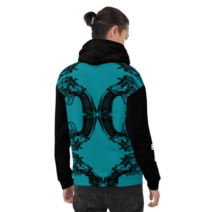 Back view of Unisex-Kapuzenpullover N°20 with vibrant print and soft fleece lining, ideal for cool evenings, worn by model