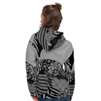 Back view of a Unisex-Kapuzenpullover N°21 with a vibrant black and white pattern, featuring soft fabric and a loose, cozy fit.