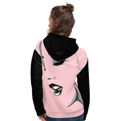 Unisex-Kapuzenpullover N°24 in pink and black with graphic design, rear view of model wearing soft and comfortable hoodie.
