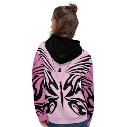 Unisex-Kapuzenpullover N°27 in pink with black butterfly design, worn by a model, showcasing vibrant print and soft fabric.