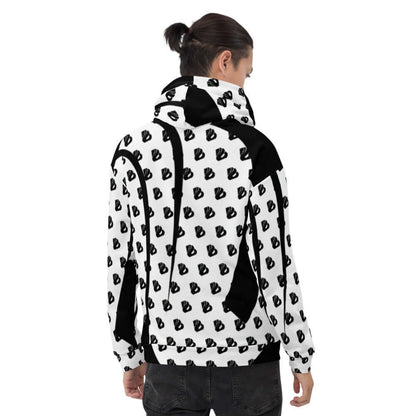 Back view of the Unisex-Kapuzenpullover N°28 featuring a black and white pattern, worn by a person with tied hair.