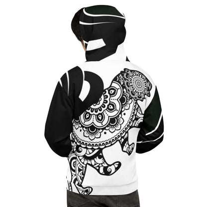 Person wearing black and white patterned Unisex-Kapuzenpullover N°31, showcasing intricate back design.