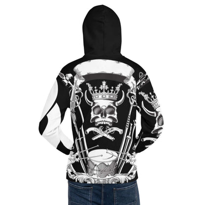 Back view of Unisex-Kapuzenpullover N°34 with bold skull and crown design on black and white hoodie.