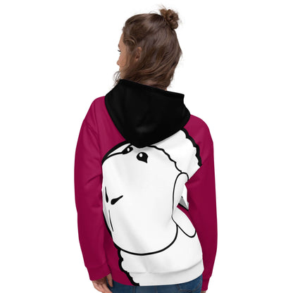 Woman wearing Unisex-Kapuzenpullover N°38 with a vibrant sheep design on the back, ideal for cozy evenings.