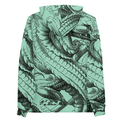 Unisex-Kapuzenpullover N°47 with a vibrant, intricate pattern in soft green and black, featuring a comfortable and cozy fit.