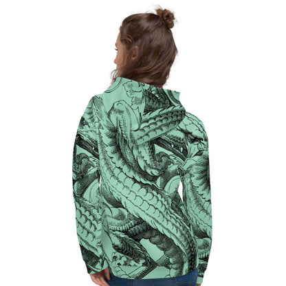 Unisex-Kapuzenpullover N°47 in vibrant print on soft fabric, worn by model, showcasing comfort and style. Perfect for cool evenings.
