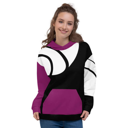 Woman wearing Unisex-Kapuzenpullover N°3 with vibrant design and relaxed fit.
