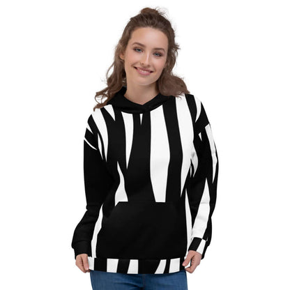 Unisex-Kapuzenpullover N°4 in black and white with vibrant print and soft fabric, perfect for cool evenings.