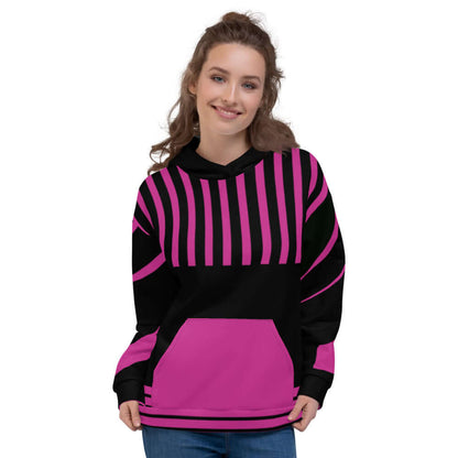 Woman wearing Unisex-Kapuzenpullover N°6 with vibrant pink and black striped design.