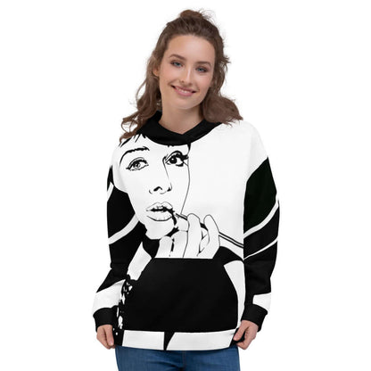 Woman wearing Unisex-Kapuzenpullover N°8 with artistic black and white graphic print.