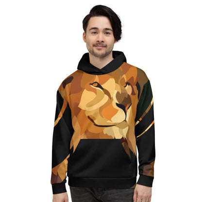Unisex-Kapuzenpullover N°10 with vibrant lion print, soft fleece interior, perfect for cool evenings, front view