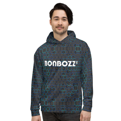 Model wearing Unisex-Kapuzenpullover N°12 with geometric pattern and BONBOZZ logo, showcasing comfortable fit and soft fabric.