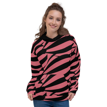 Unisex-Kapuzenpullover N°17 in pink and black with vibrant pattern, soft exterior, brushed fleece interior, worn by a model.