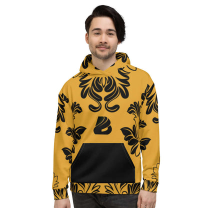 Unisex-Kapuzenpullover N°18 in vibrant print, soft exterior with brushed fleece interior. Ideal for cozy evenings. Featuring bold, black floral design.