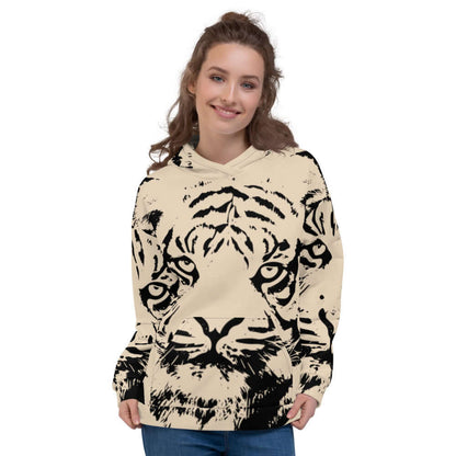 Unisex-Kapuzenpullover N°19 mit Tiger-Druck, weicher Stoff, bequeme Passform, perfekt für kühle Abende, getragen von Frau